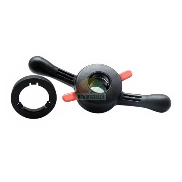 Black quick release wing nut for wheel balancer with red buttons and a pressure ring.