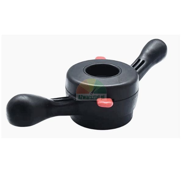 Barbell collar clamp with two handles and red release buttons for weightlifting bars.