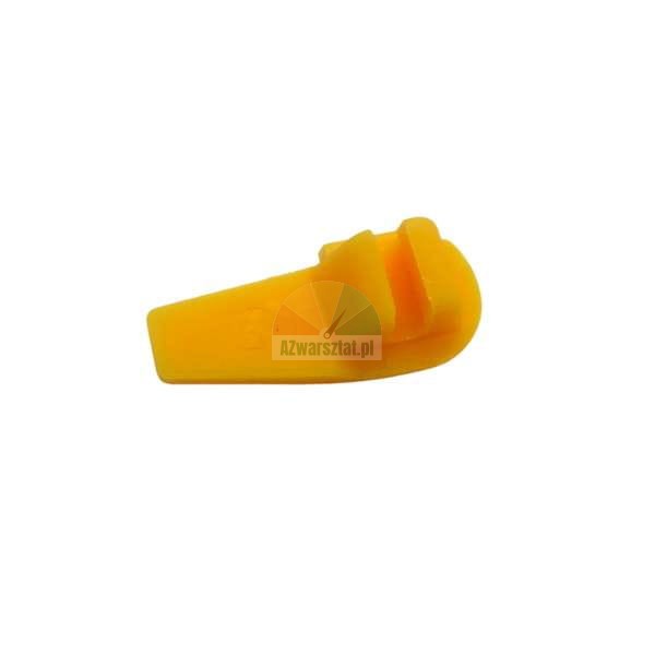 Yellow plastic shelf support peg on a white background.