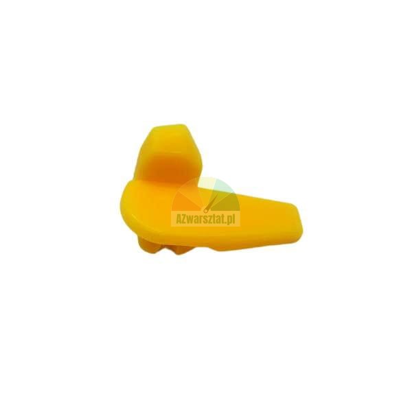 Yellow plastic furniture fastening clip on a white background.