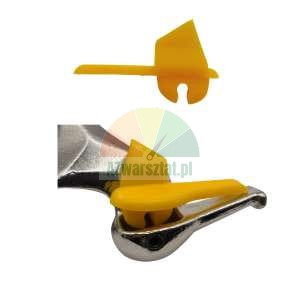 Yellow transport spacer for bicycle brake lever, shown individually and fitted into the brake lever.