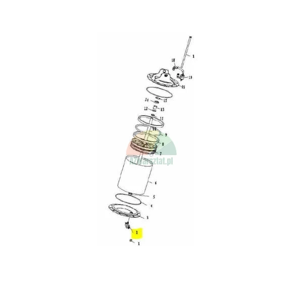 Exploded view of an air dryer assembly with the drain valve (part 2) highlighted in yellow.