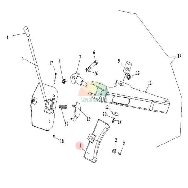 Technical exploded view drawing of a lever mechanism with part number 1 highlighted in a pink circle.