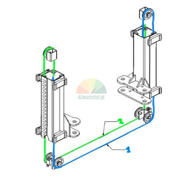 Technical diagram of a two-post lifting mechanism with green and blue cable paths shown.