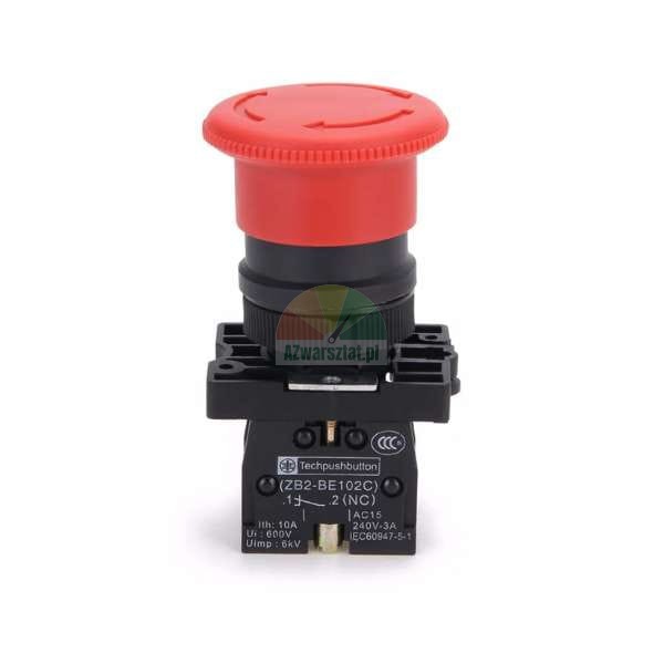 Red mushroom emergency stop button model ZB2-BE102C isolated on white background.