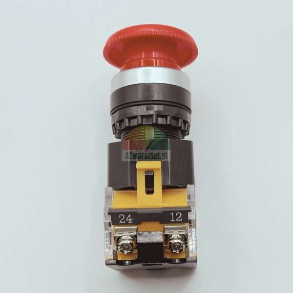 Red mushroom emergency stop button switch with black body and yellow contact block.