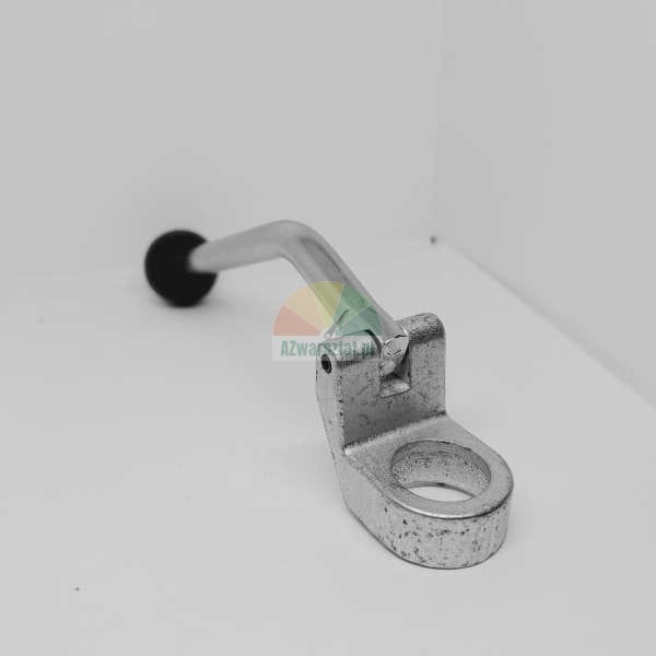 Metal toggle clamp lever with a black knob and a mounting hole.