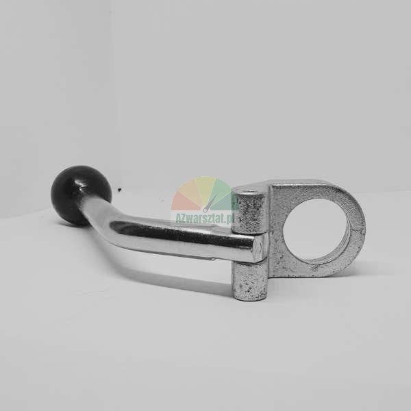 Metal lever handle with a black ball knob and mounting eyelet.