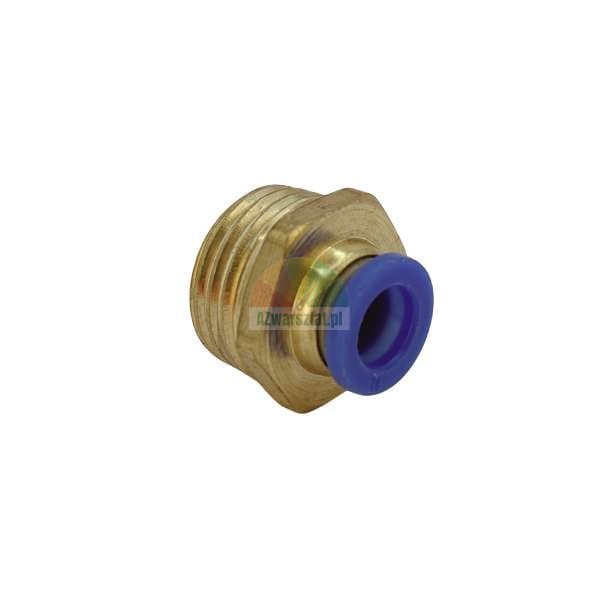 Brass pneumatic push-in fitting with male thread and blue release ring.