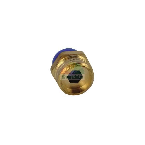 Brass pneumatic push-in fitting with a blue release ring and internal hex socket