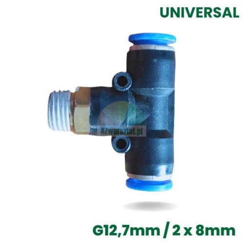 T-shaped pneumatic fitting G12.7mm / 8mm / 8mm with thread and push-in connectors.