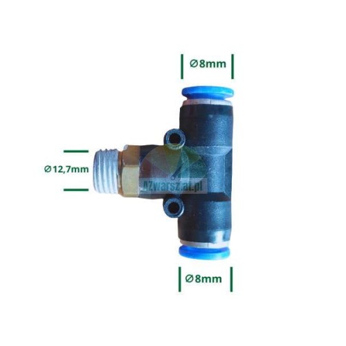 Pneumatic T-connector, G 12.7mm thread and two 8mm outlets