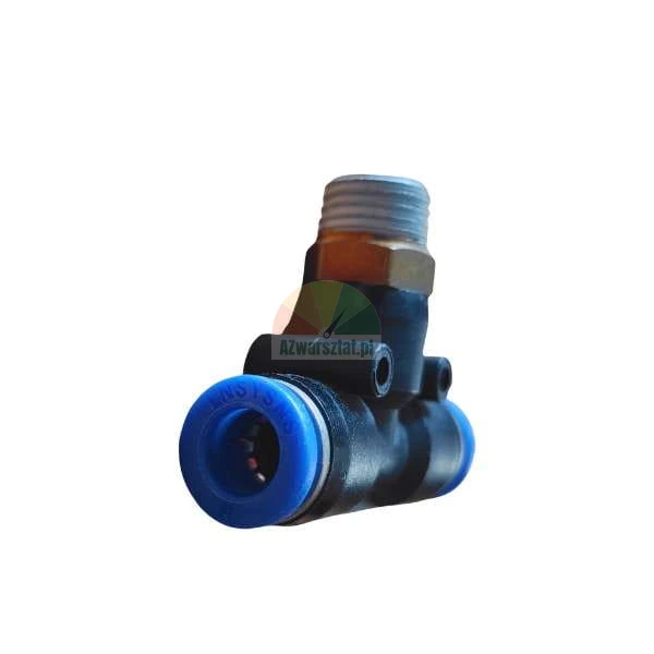 Pneumatic male branch tee push-in fitting with blue release rings.