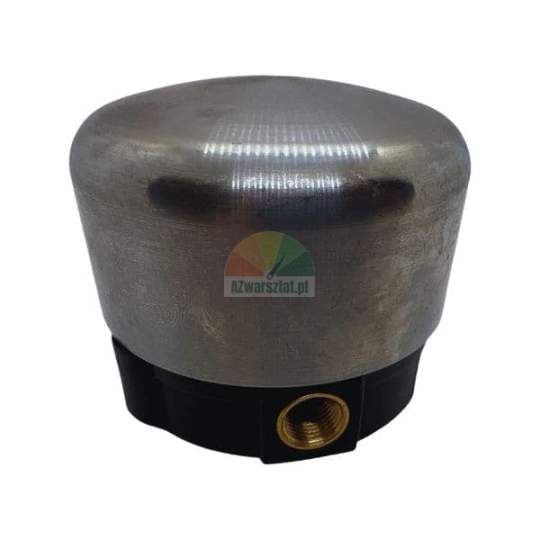 Metal fuel pump cover with a black base and a brass threaded port