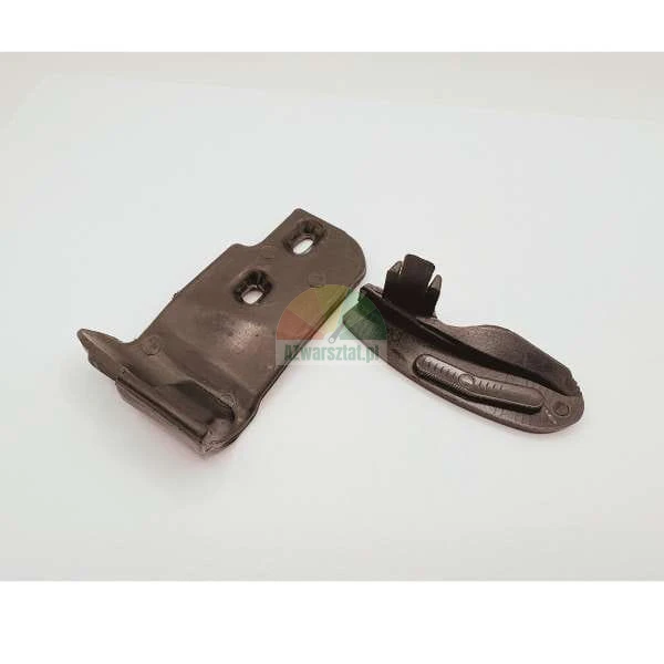 Black window hardware components, flat mounting plate and shaped guide piece.