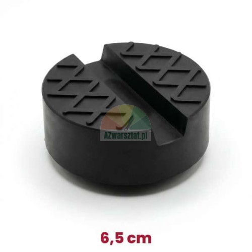 Black round rubber jack pad 6.5 cm diameter with a protective slot for car lifts.