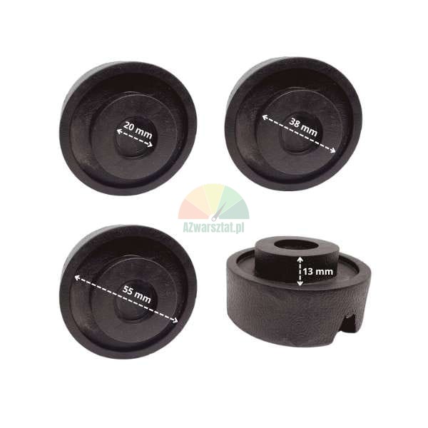 Black rubber spacer foot with dimensions: inner diameter 20 mm, middle diameter 38 mm, outer diameter 55 mm, and height 13 mm.
