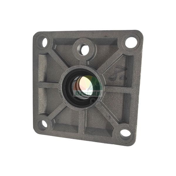 Metal square flange housing with a central bearing and mounting holes on a white background.