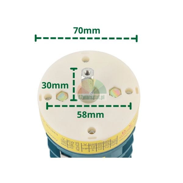 Top view of a cam switch with dimensions: 70mm width, 58mm screw spacing, and 30mm central shaft length.