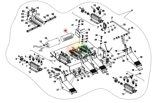 Exploded view technical diagram of a pedal control system with part 39 highlighted.