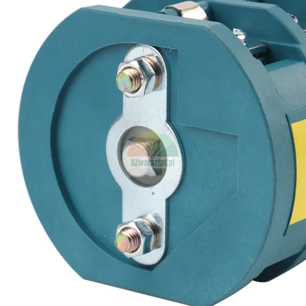 Close-up of a teal rotary cam switch component showing the metal mounting plate with two nuts and a central square shaft.