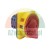 Industrial rotary main isolator switch with a red handle and yellow base.