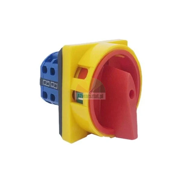 Industrial rotary main isolator switch with a red handle and yellow base.