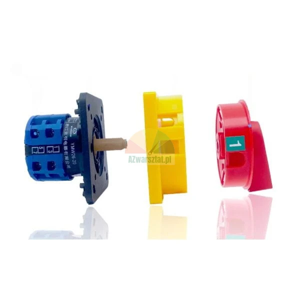 Disassembled rotary cam switch showing blue body, yellow mounting plate, and red handle with label 1.