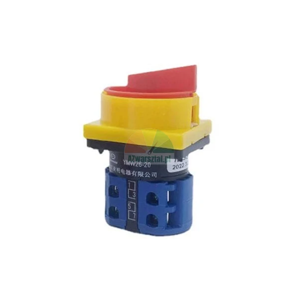 Rotary cam switch with a red handle, yellow collar, and blue base, model YMW26-20.