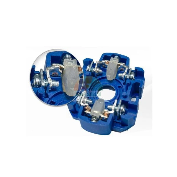 Close-up of a blue electrical component mechanism with silver contacts and screws.