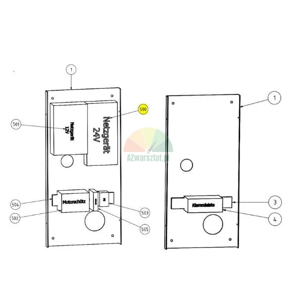 Technical diagram of an electrical assembly showing a 24V power supply (item 500), a 12V power supply (501), and a motor contactor (502).