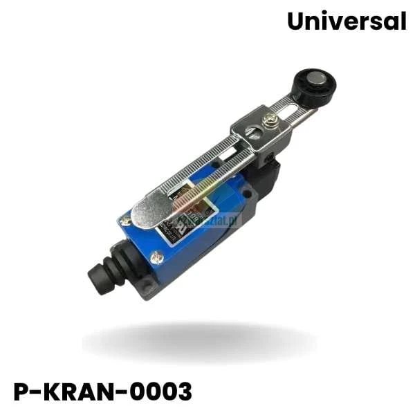 ME-8108 limit switch with adjustable roller lever, blue and grey housing.