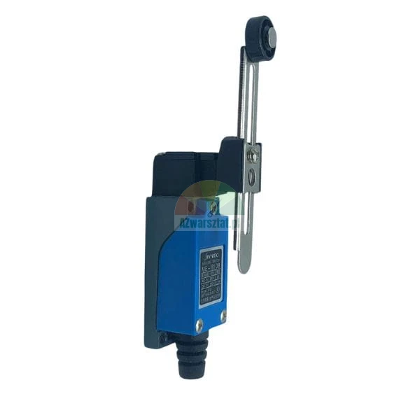Limit switch ME-8108 with adjustable roller lever, blue body.