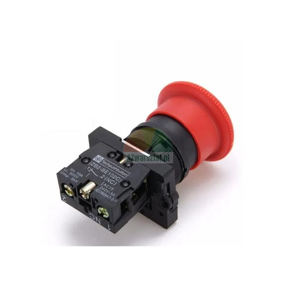 Red mushroom emergency stop push button with NC contact block ZB2-BE102C on a white background.