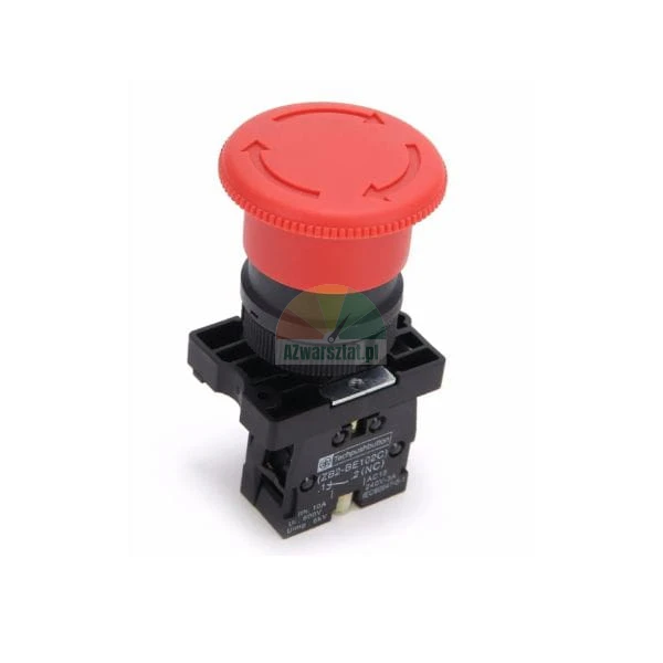 Red industrial emergency stop mushroom button on a black base with reset rotation arrows.
