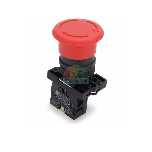 Red emergency stop mushroom button E-Stop with black housing and arrows on top.
