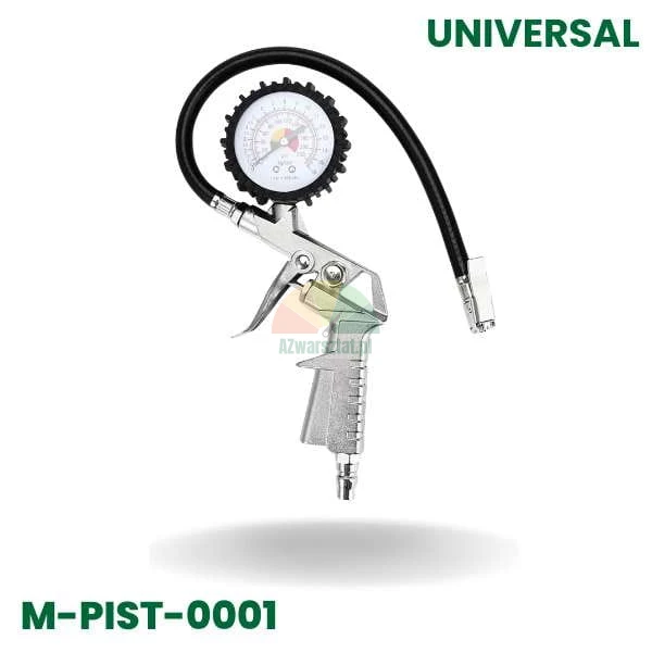 Universal tire inflation gun with pressure gauge and flexible hose, model M-PIST-0001
