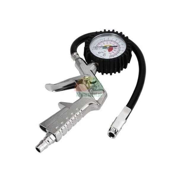 Tire pressure gauge gun with a flexible black hose and analog dial.