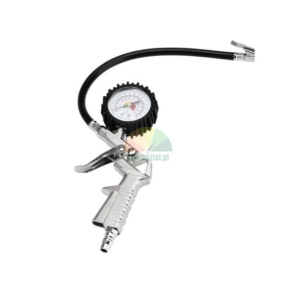 Tire pressure gauge inflator gun with analog dial and hose