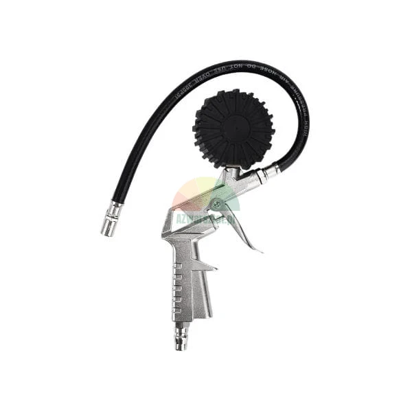 Tire inflation gun with pressure gauge and black hose on white background