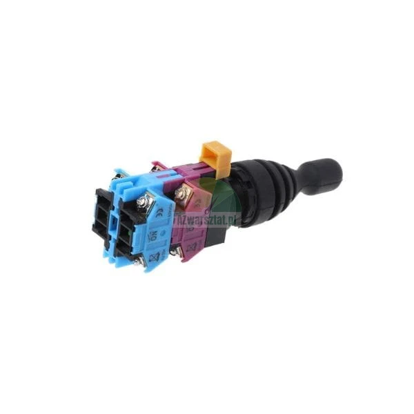 Industrial joystick switch with blue and purple contact blocks and a black rubber-booted lever.