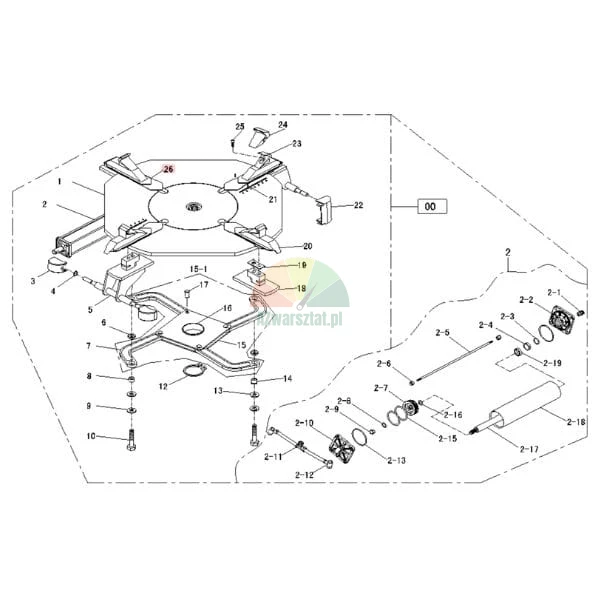 Technical diagram of a tire changer turntable with numbered spare parts and an exploded view.