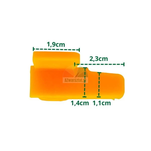 Orange plastic part with dimensions: top width 1.9 cm, side length 2.3 cm, heights 1.4 cm and 1.1 cm.