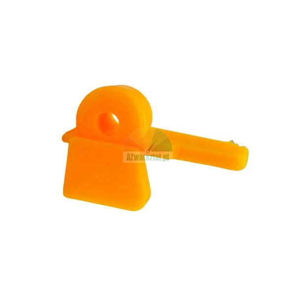 Orange plastic safety or mounting component with a circular hole and a horizontal tab.