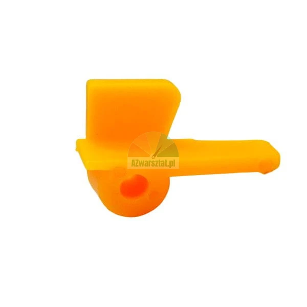 Orange plastic mechanism component, resembling a small trigger or lever.