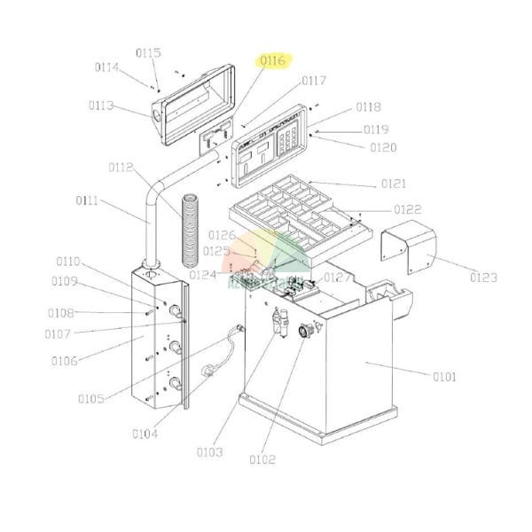 Technical diagram showing an exploded view of a machine assembly with part 0116 highlighted in yellow.