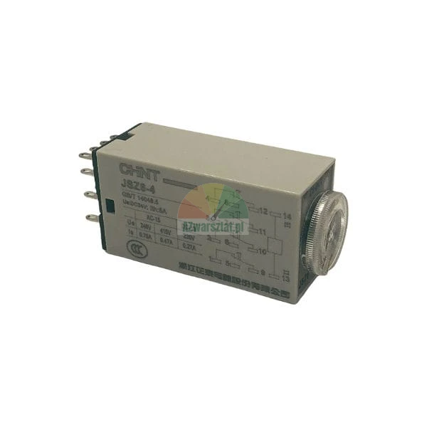 CHNT JSZ8-4 time delay relay with a transparent adjustment dial and wiring diagram.