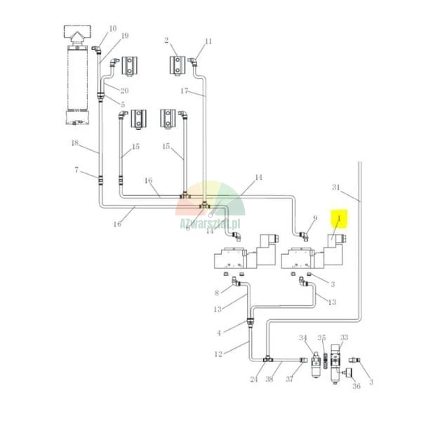 Technical diagram of a pneumatic system with numbered components, where part number 1 is highlighted in yellow.
