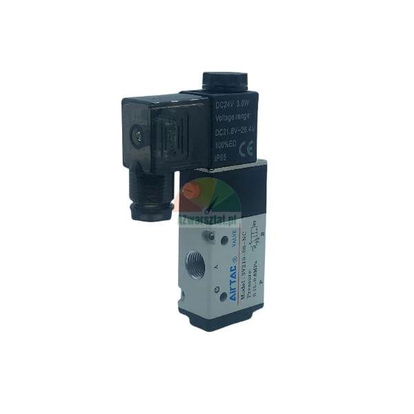 AirTAC 3V210-08-NC pneumatic solenoid valve 24V DC with black coil and silver body.