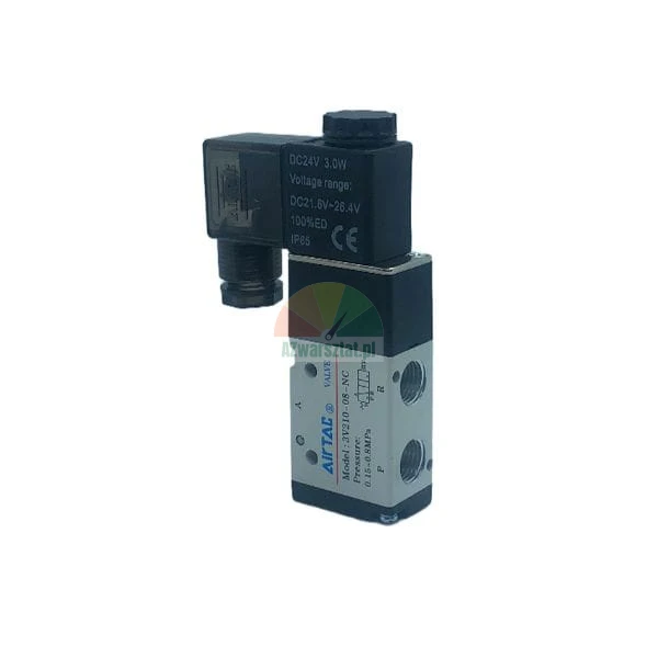 Airtac 3V210-08-NC pneumatic solenoid valve, 3/2-way, normally closed, 24V DC.